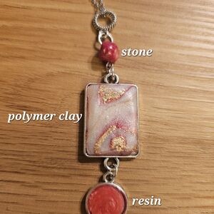 Layered Necklace With A Red Stone- A Bezel With Polymer Clay And One W/Resin